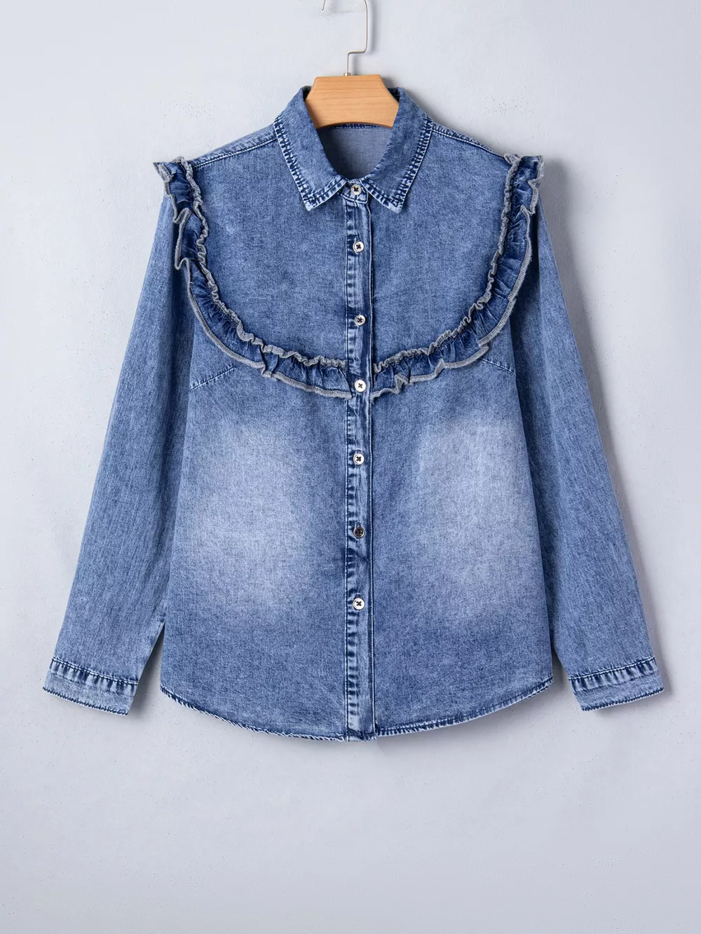 intage Wash Denim Ruffle Detail Button Down Shirt, image 3