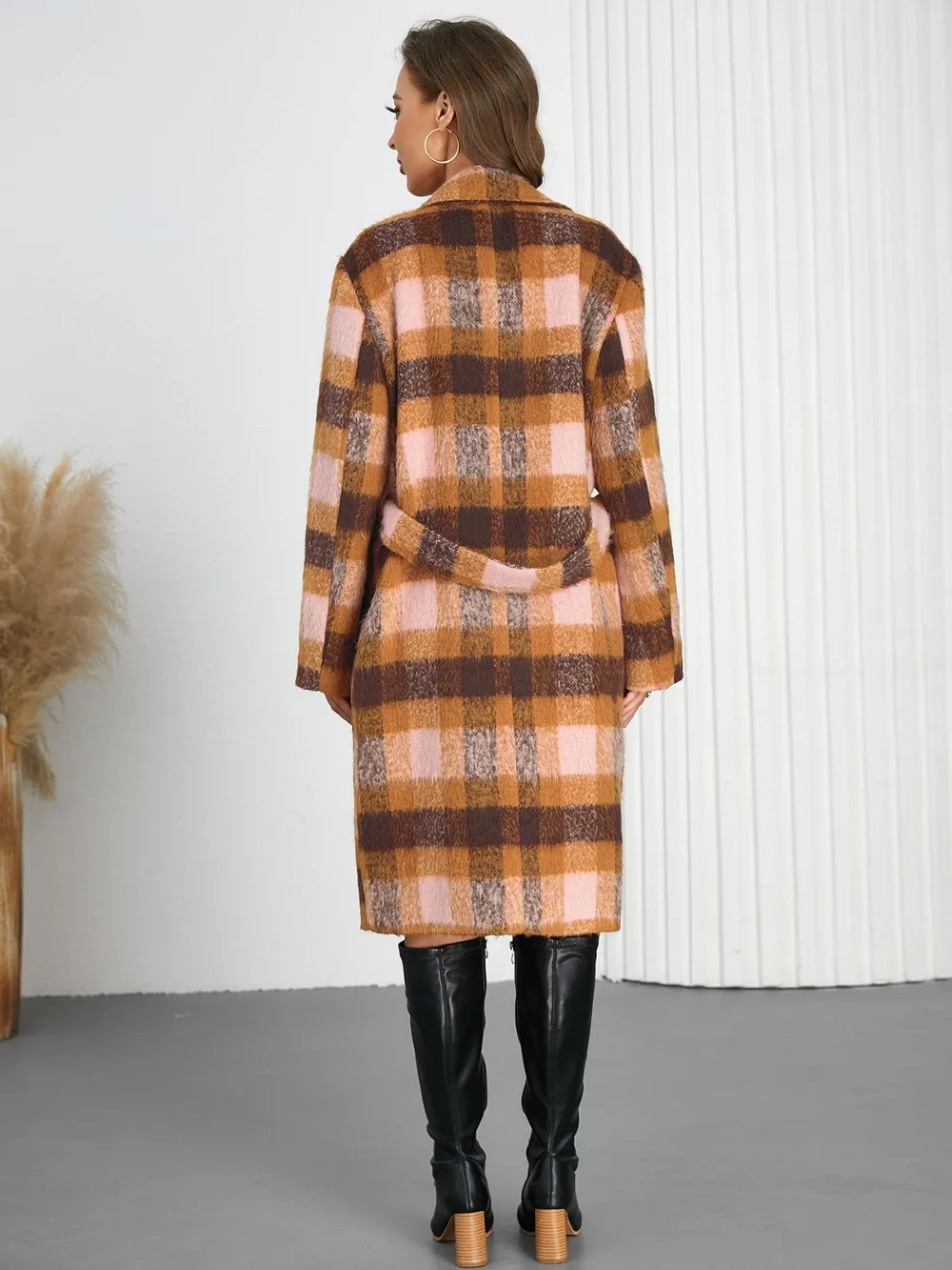 Tied Plaid Collared Neck Coat, image 14