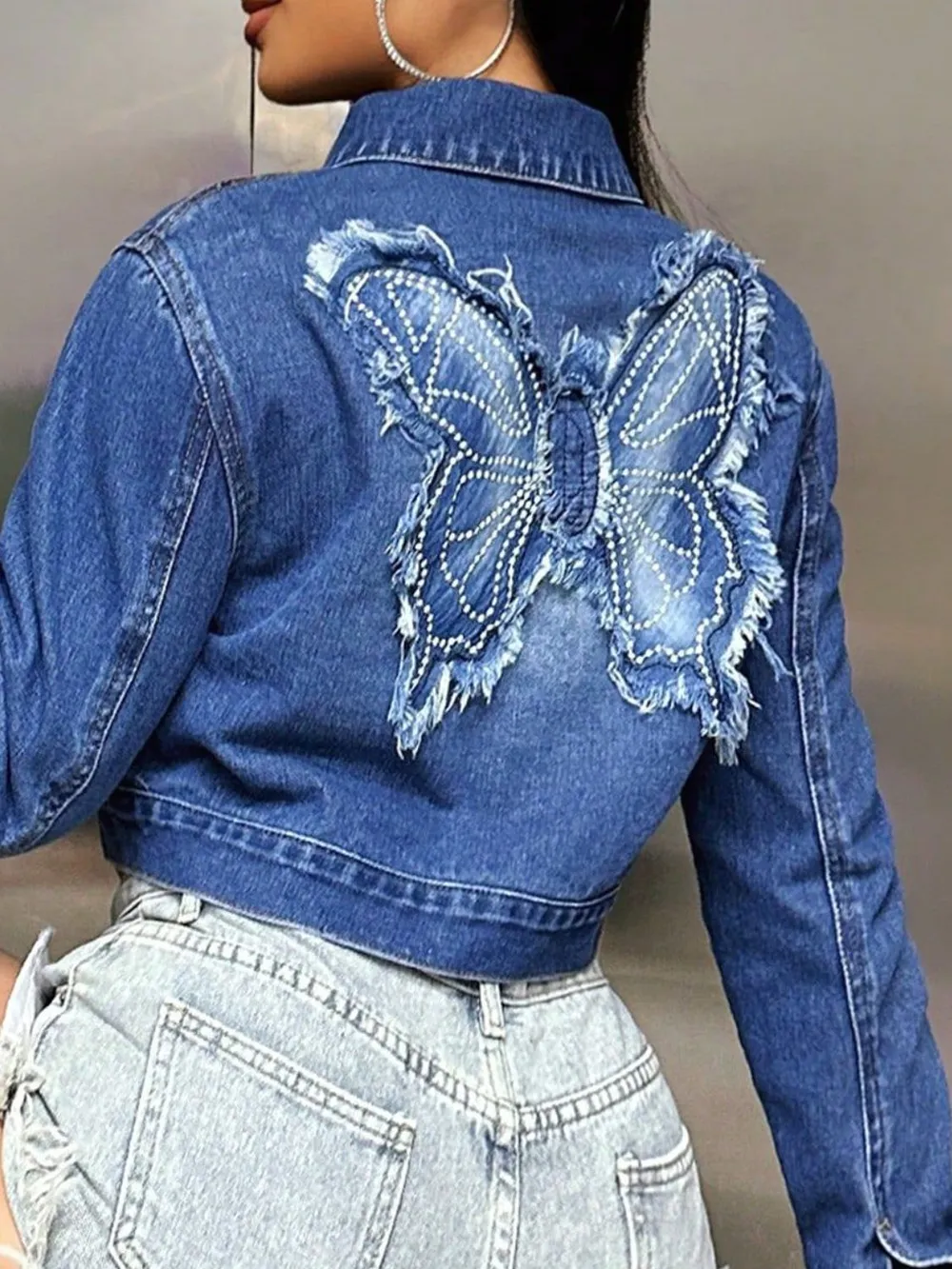 Butterfly Patch Long Sleeve Cropped Denim Top, image 2
