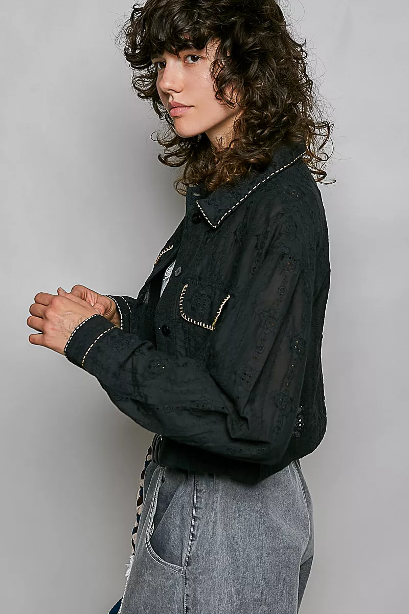 POL Cropped Button-Front Eyelet Cotton Jacket, image 2