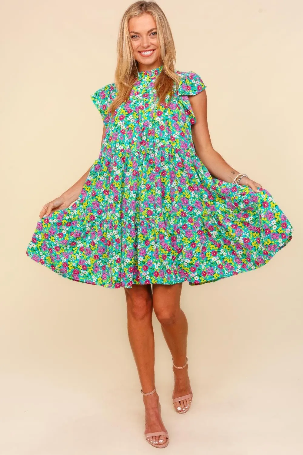 Frilled Mock Neck Ditsy Floral Dress, image 3