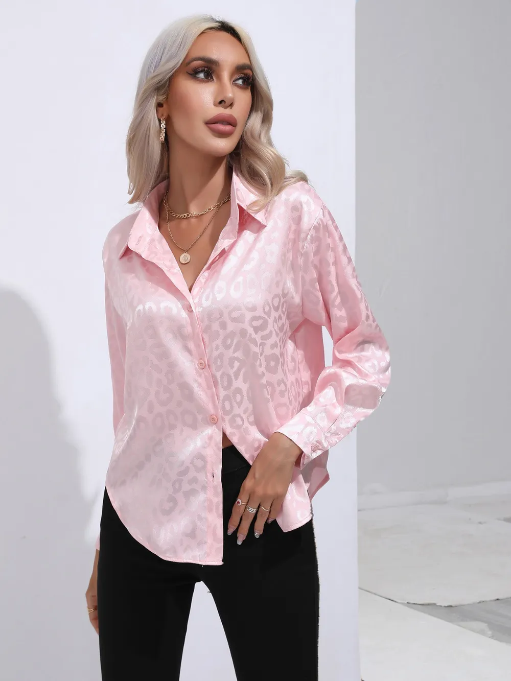 Leopard Collared Neck Long Sleeve Shirt, image 3