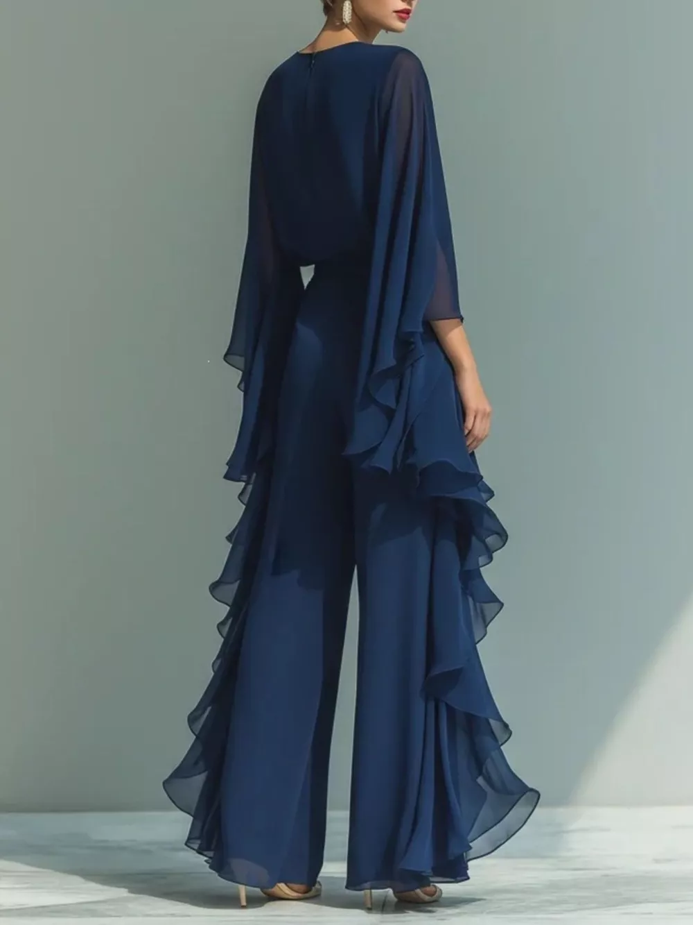 Ruffled Chiffon Long Sleeve Top and Pants Set, image 2
