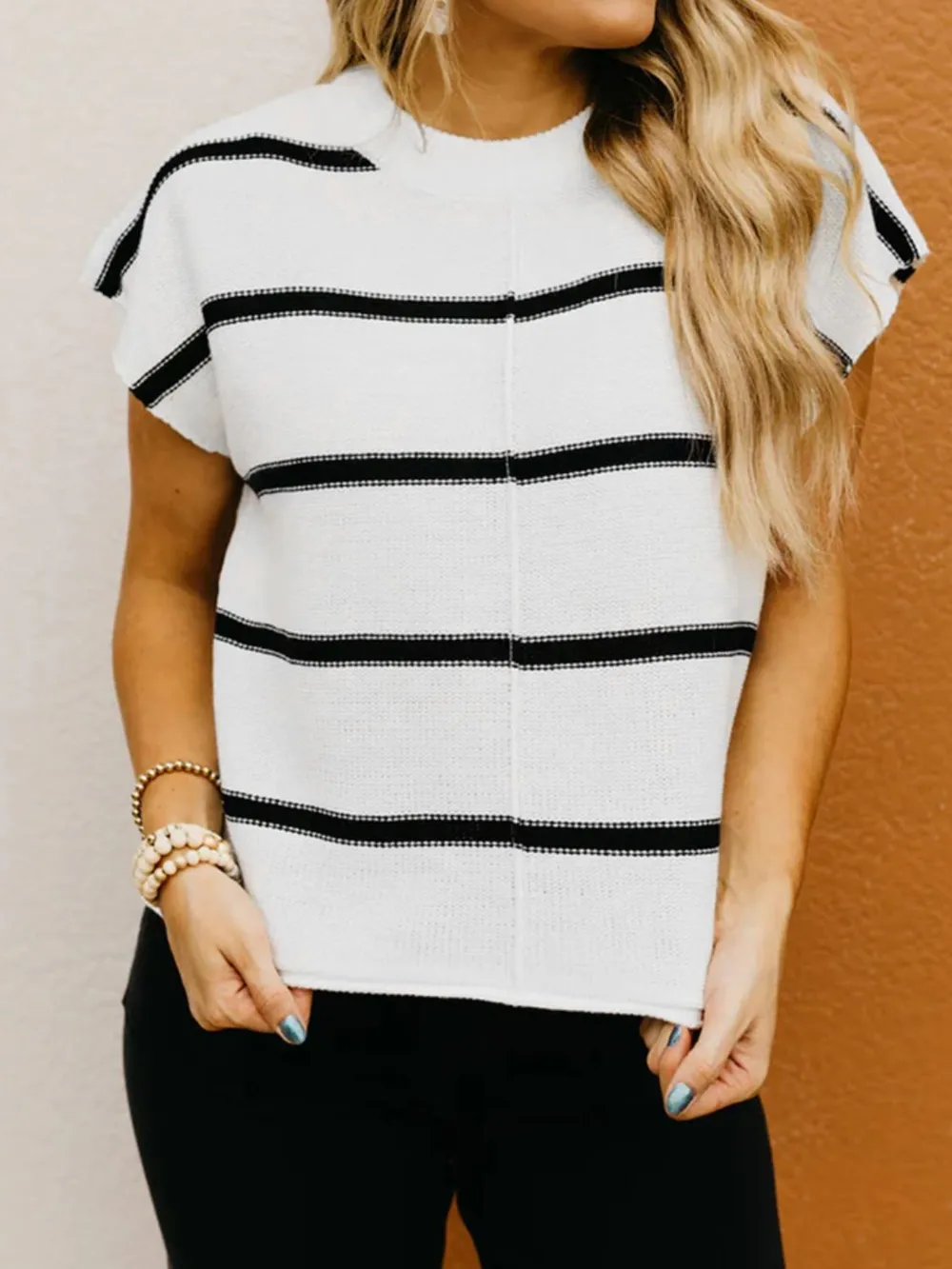 Striped Batwing Sleeve Knit Top, image 4