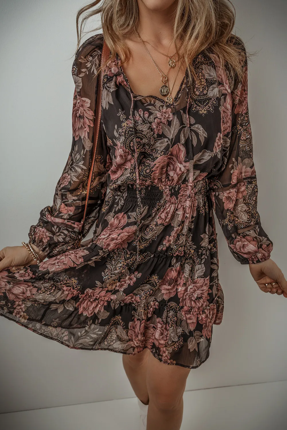 Printed Tie Neck Long Sleeve Mini Dress, image 3