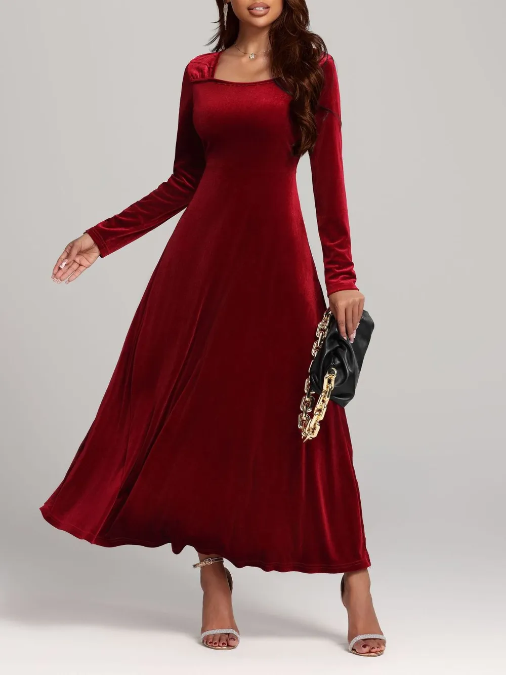 Square Neck Long Sleeve Velvet Dress, image 2