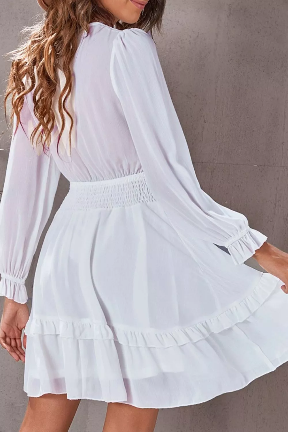 Elegant Tie-Front Ruffle Mini Dress with Smocked Wiast, image 9
