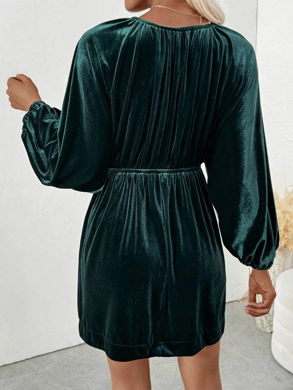 Ruched V-Neck Balloon Sleeve Dress, image 3