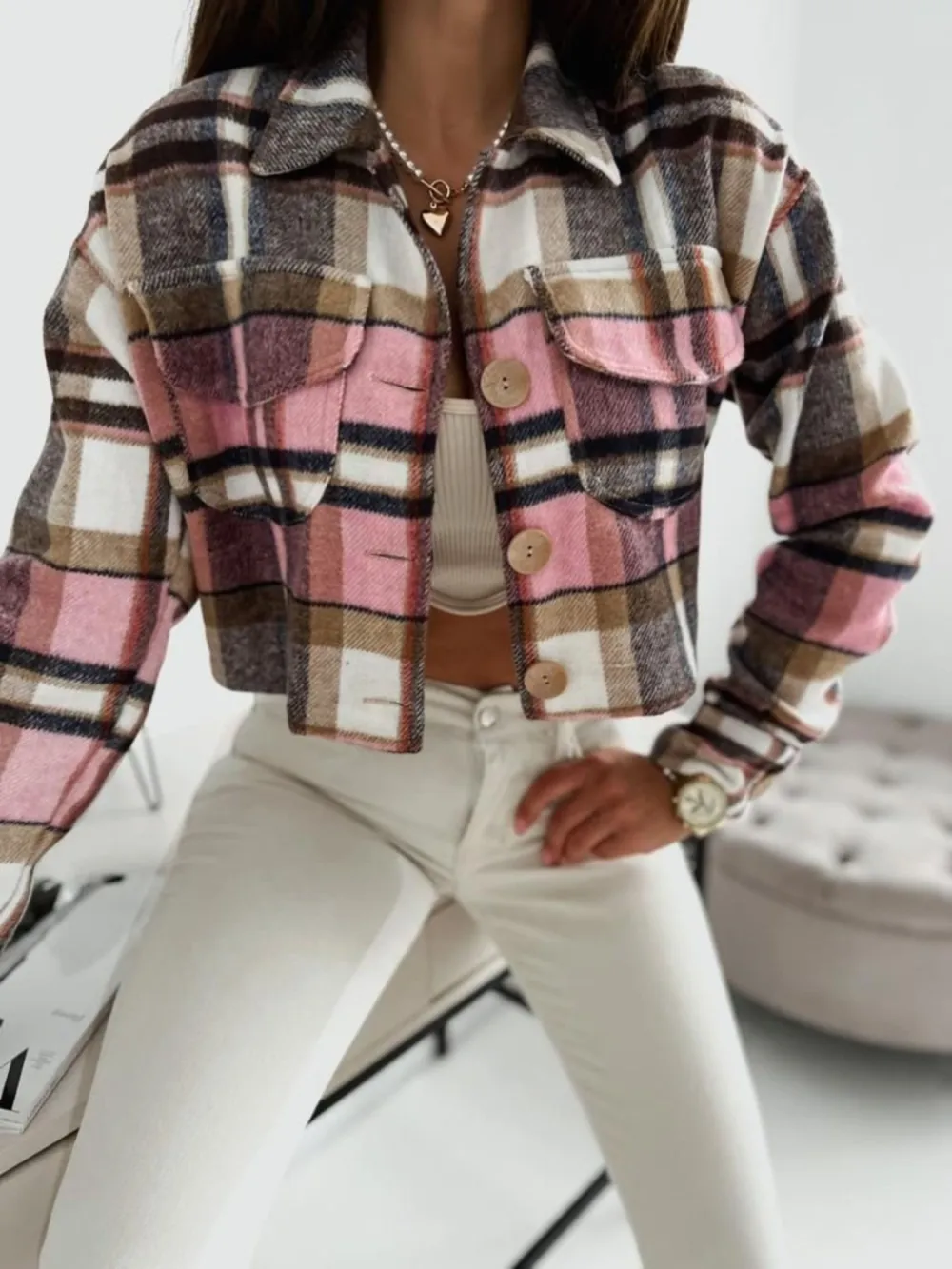 Pocketed Collared Neck Long Sleeve Plaid Jacket, image 2