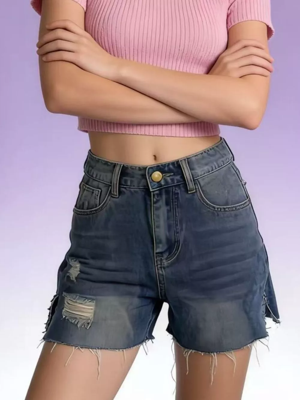 Distressed Slit Denim Shorts, image 5