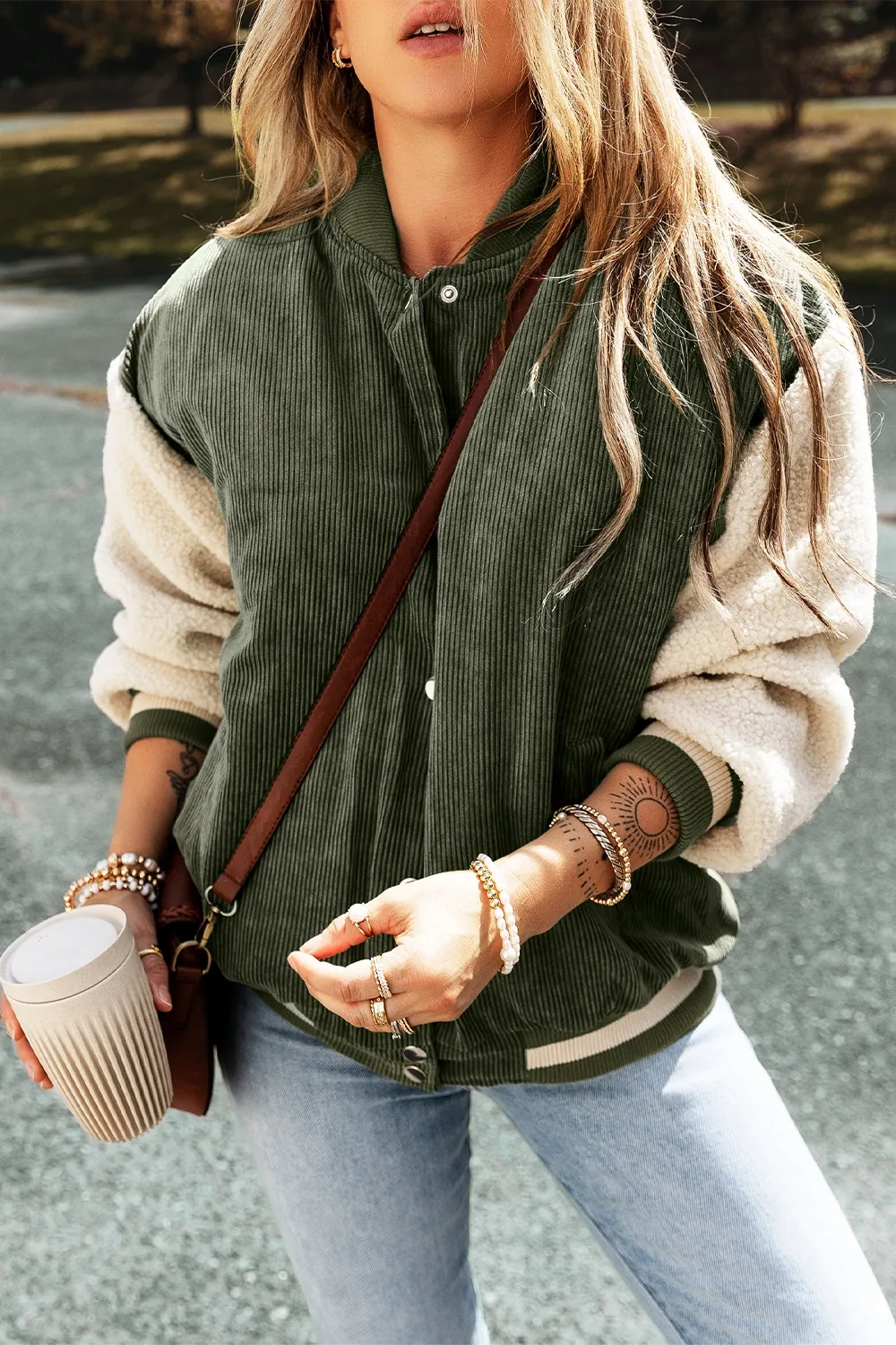 Contrast Baseball Collar Snap Down Long Sleeve Jacket, image 5