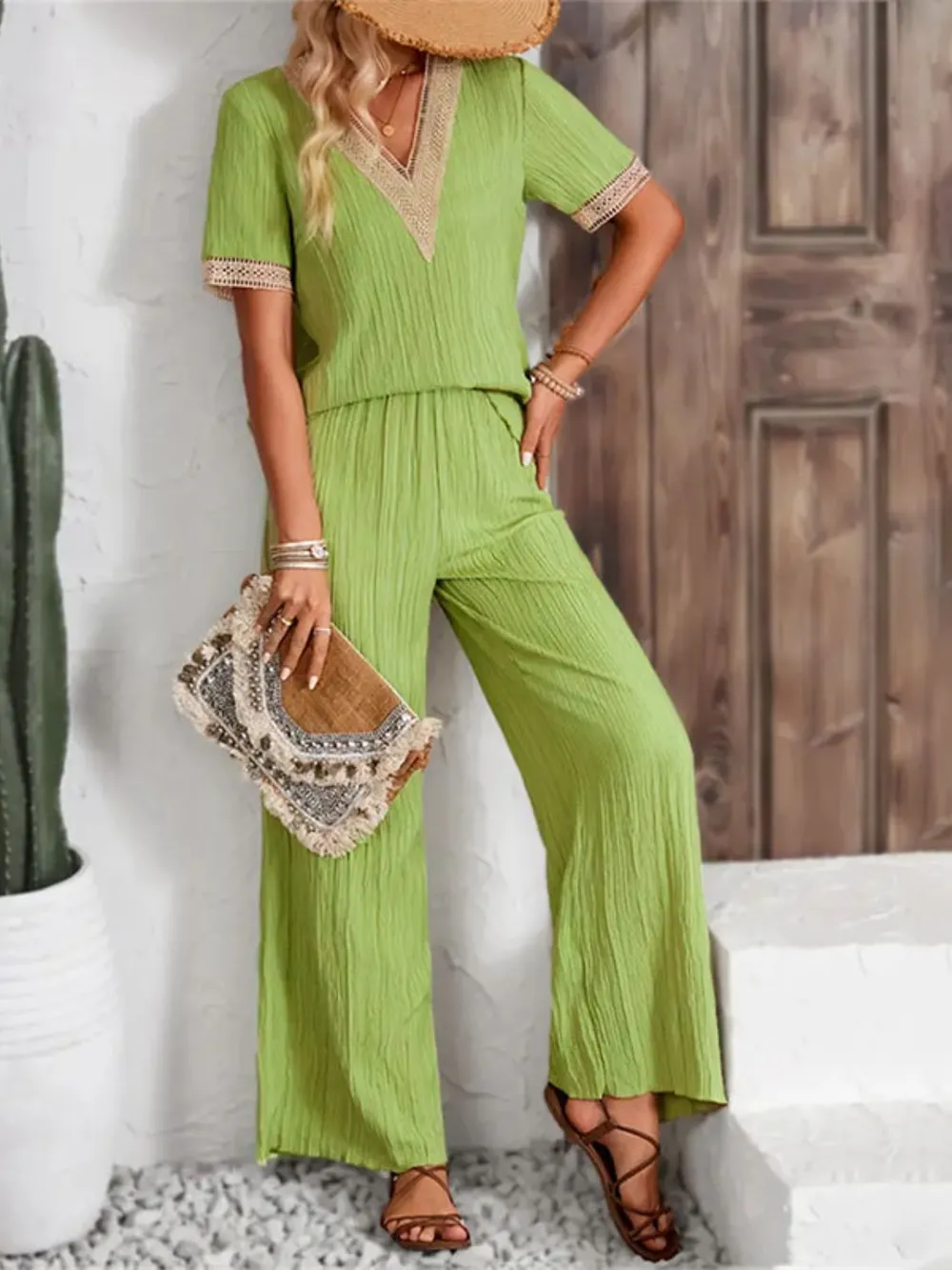 V-Neck Short Sleeve Top and Pants Set, image 4