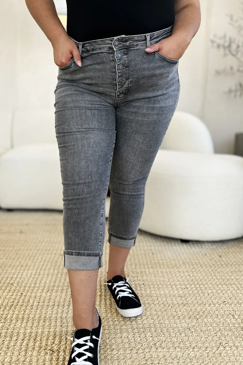 Full Size Button Fly High Waist Cuffed Capris, image 8