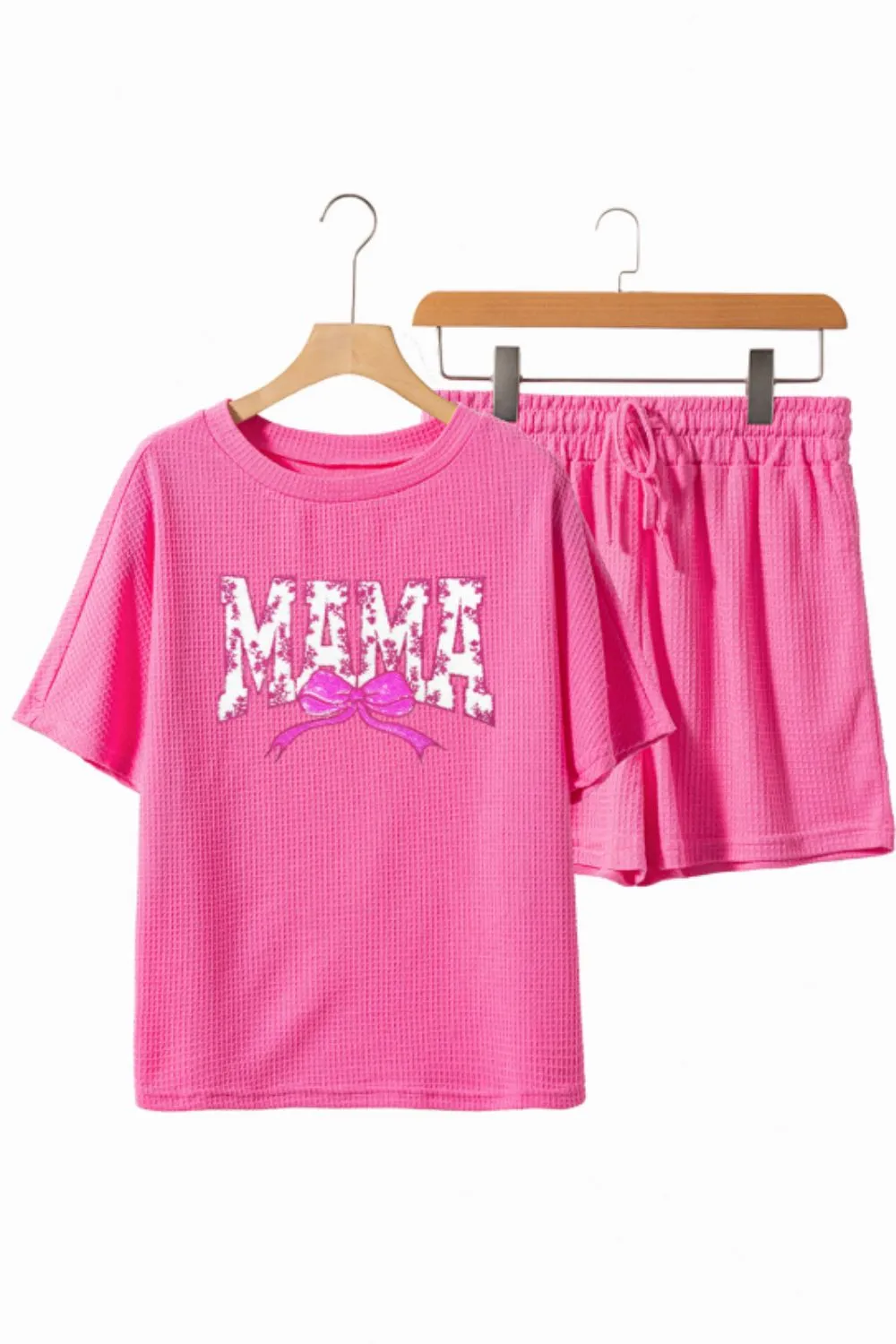 Waffle Sequin Floral MAMA Bow Graphic Top and Shorts Set, image 3