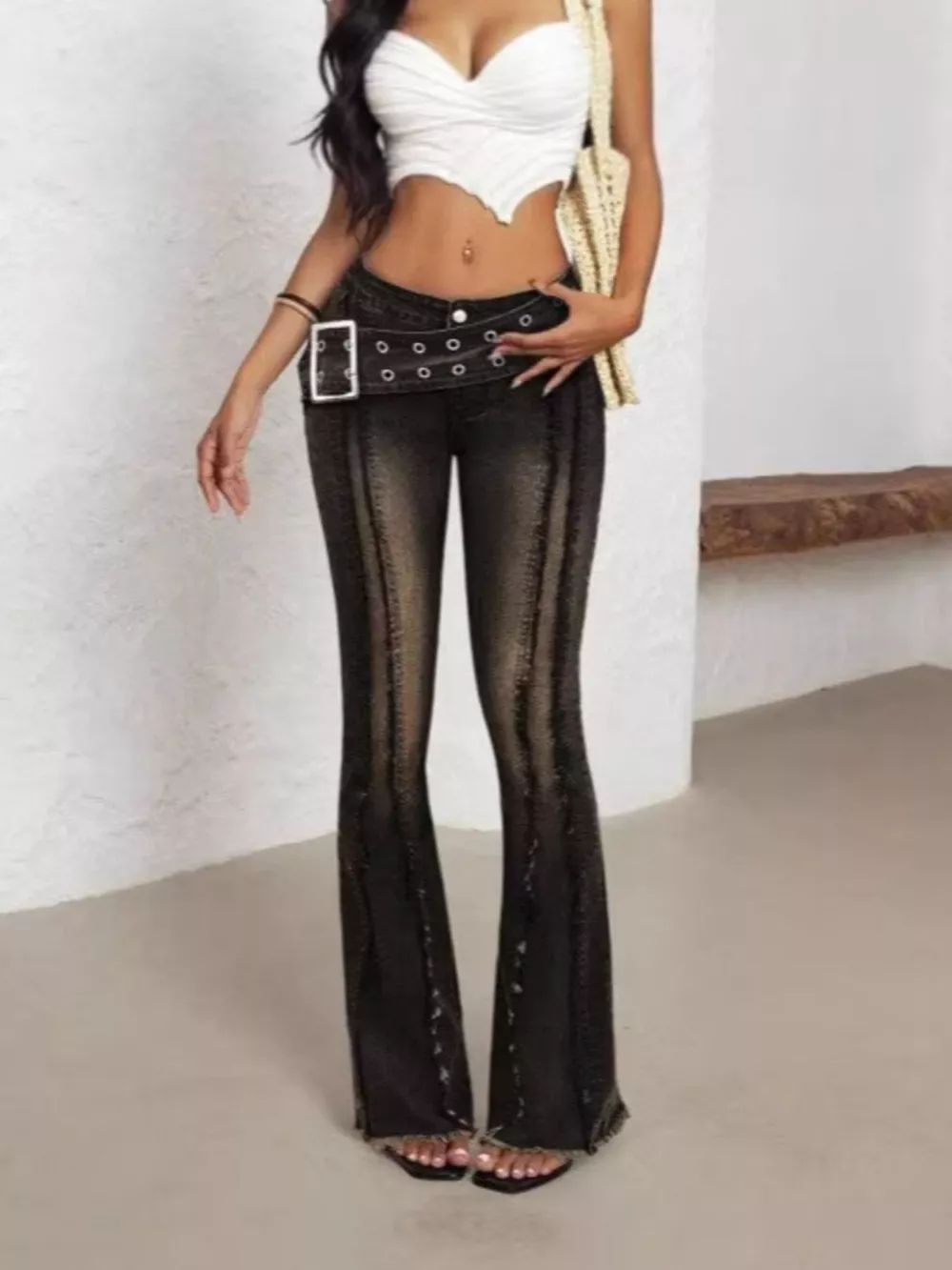 Belted High Waist Flare Jeans, image 2