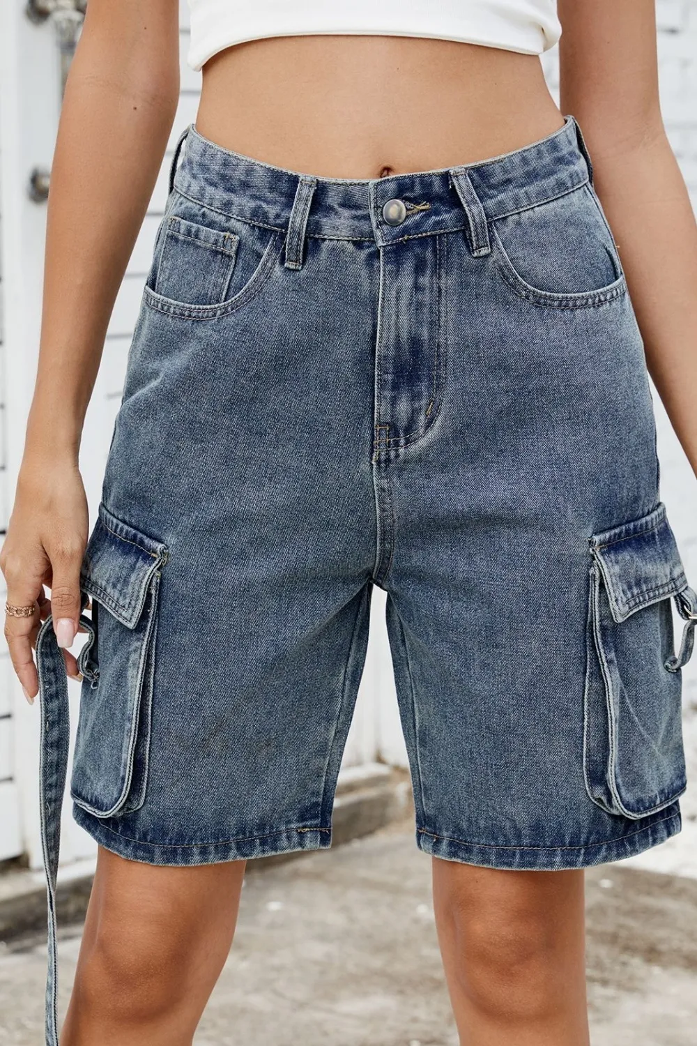 Washed Cargo Denim Shorts, image 7