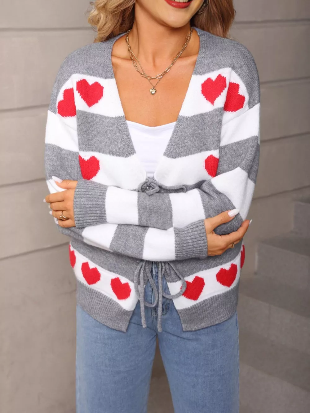 Valentine's Day Heart Pattern Striped Tie Front Cardigan, image 10