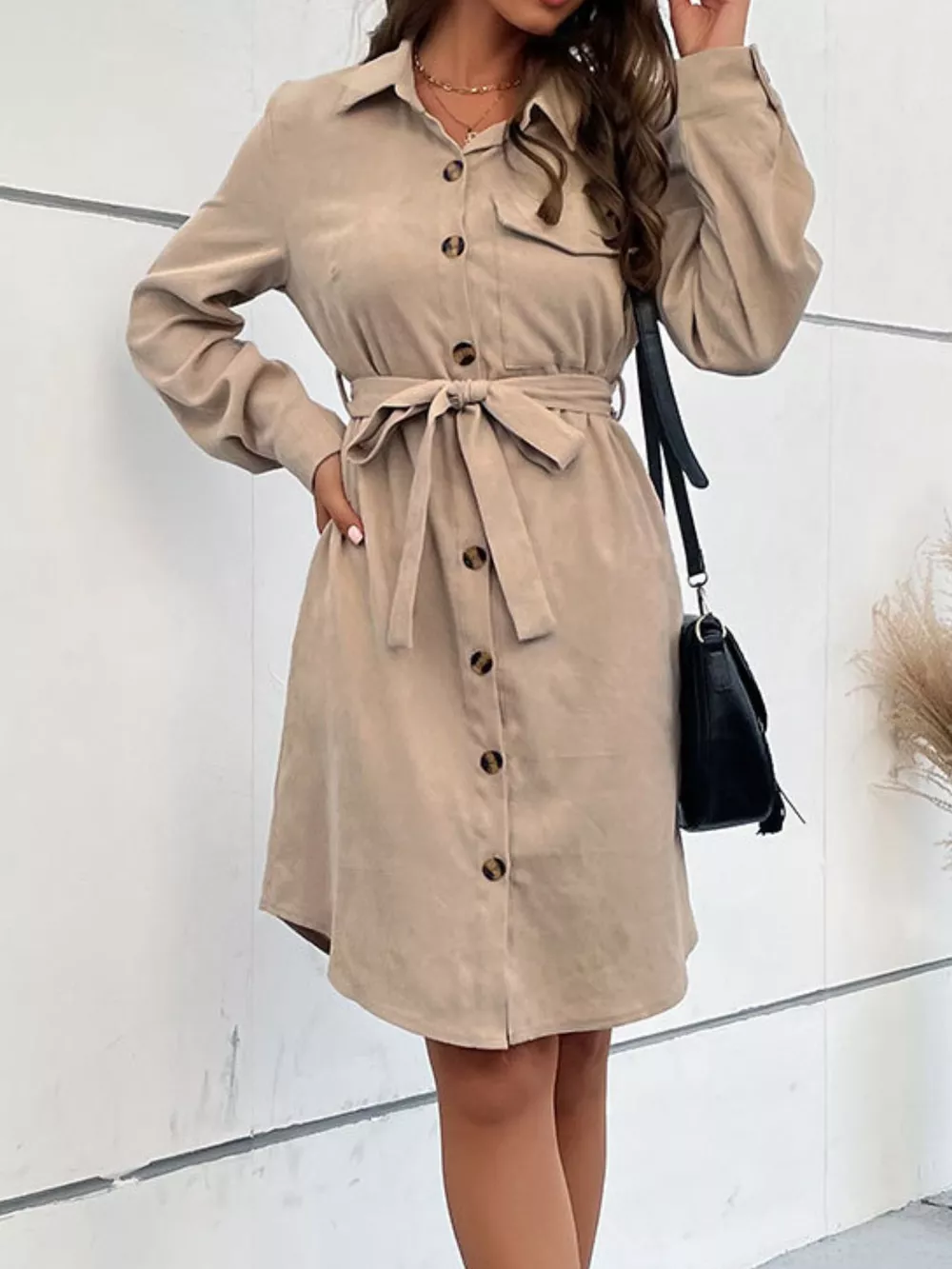 Button-Front Tie Waist Shirt Dress, image 6