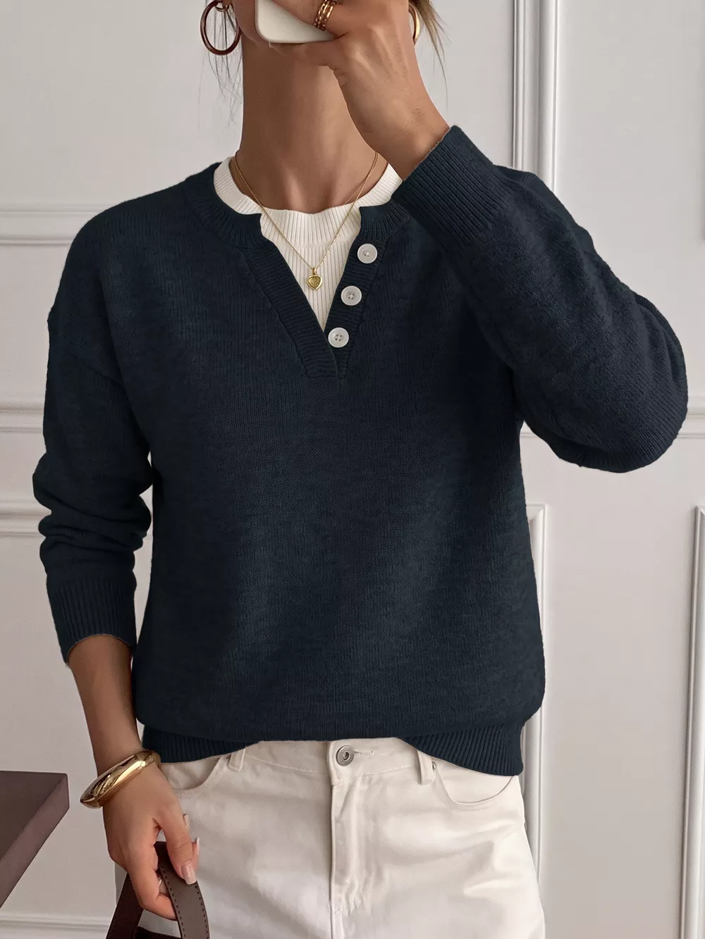 Dropped Shoulder Decorative Button Sweater, image 10