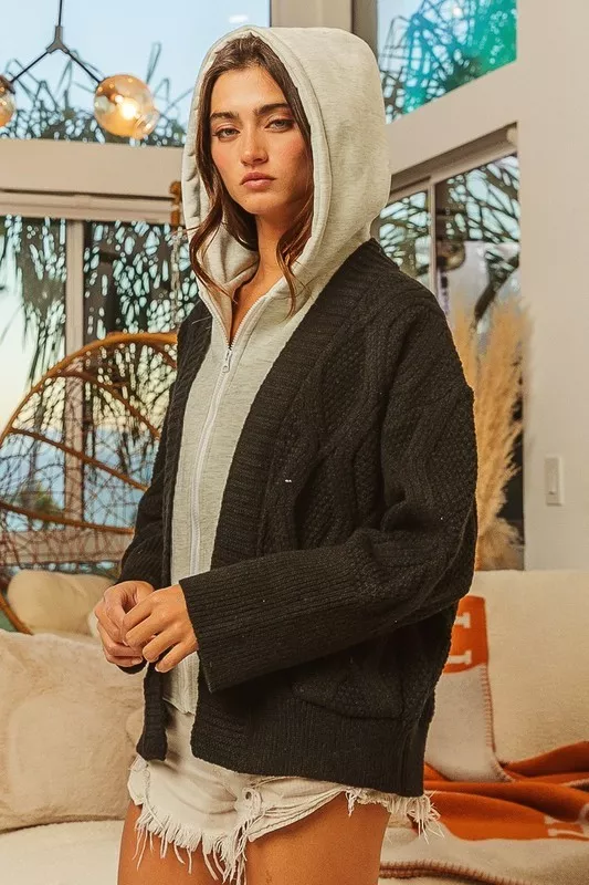Knit Hoodie Rhombus Sweater Jacket, image 4