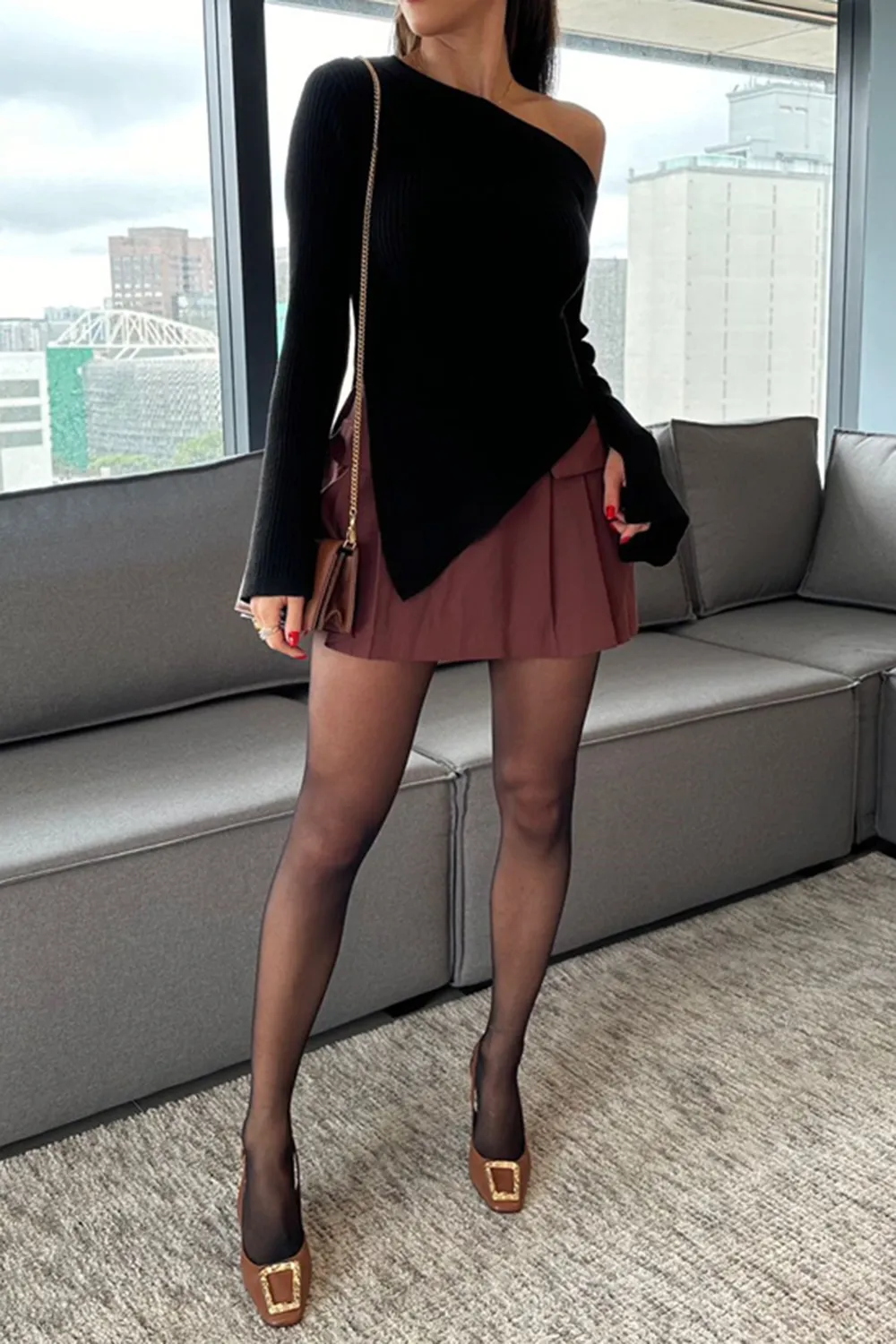Asymmetric Hem Single Shoulder Sweater, image 5