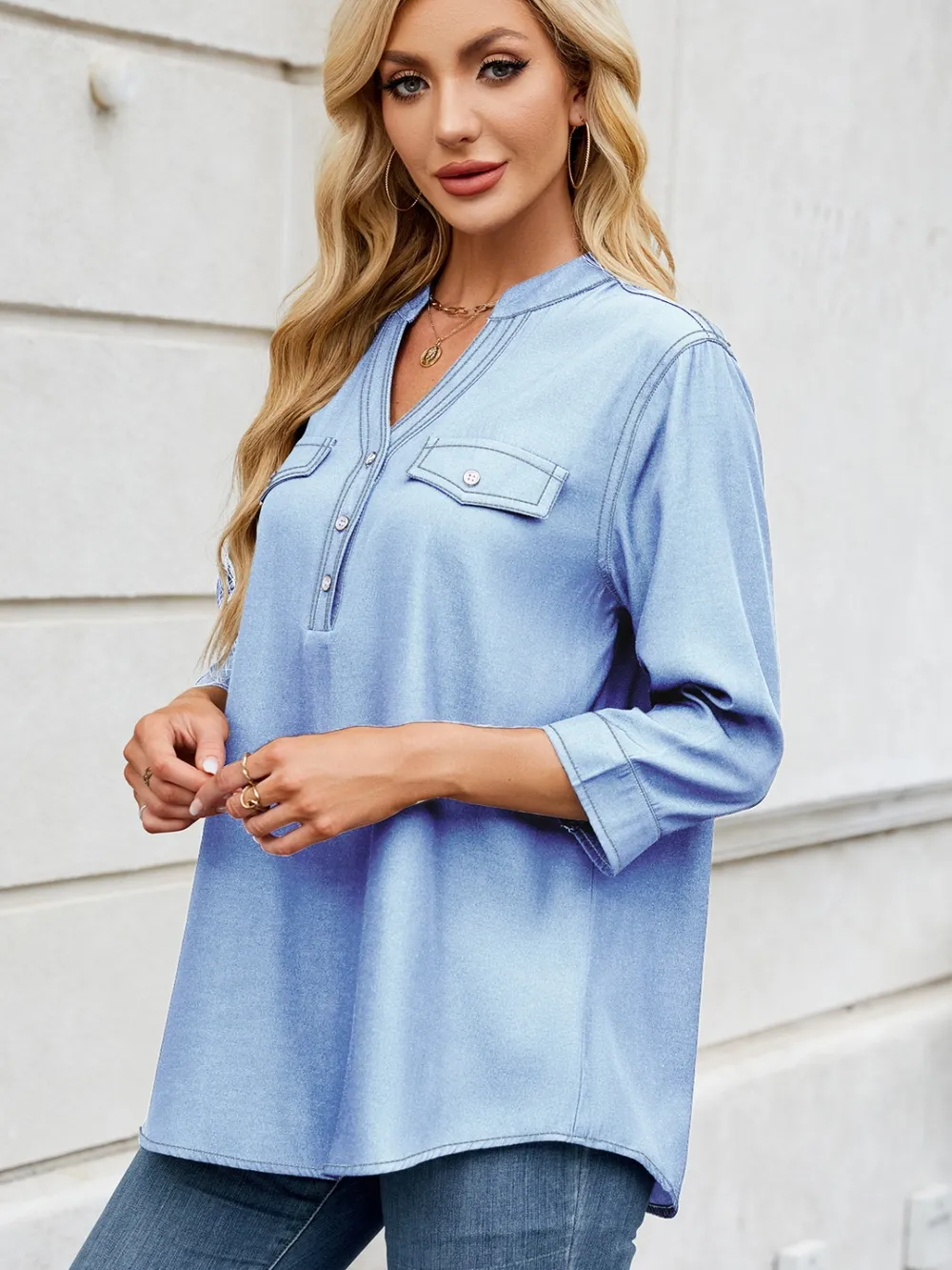 Notched Three-Quarter Sleeve Denim Top, image 4