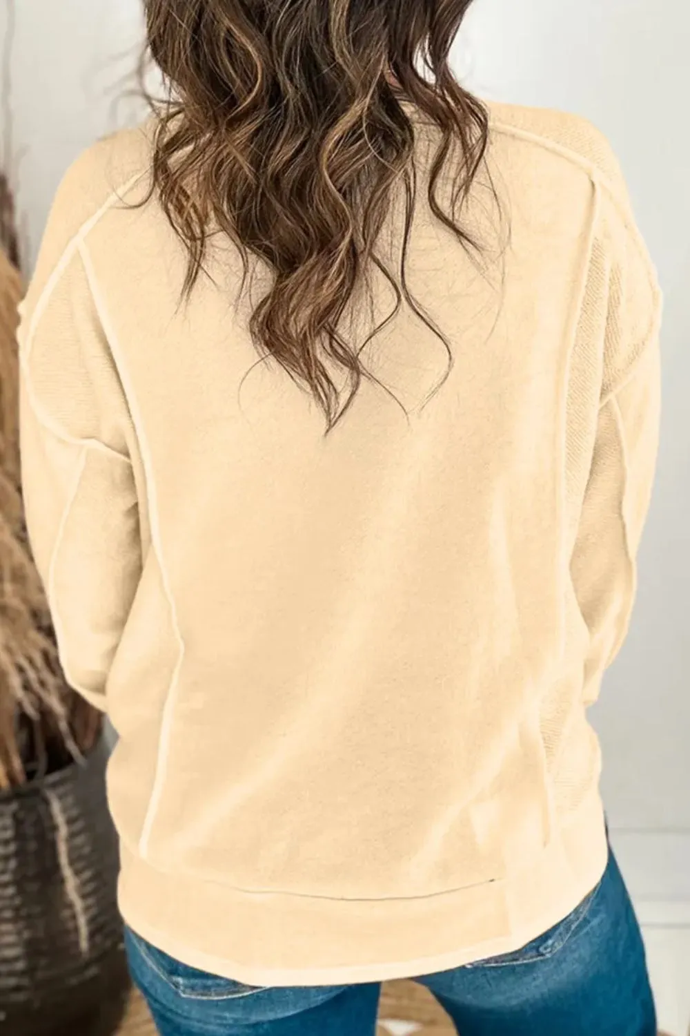 Exposed Seam Round Neck Long Sleeve Sweatshirt, image 3