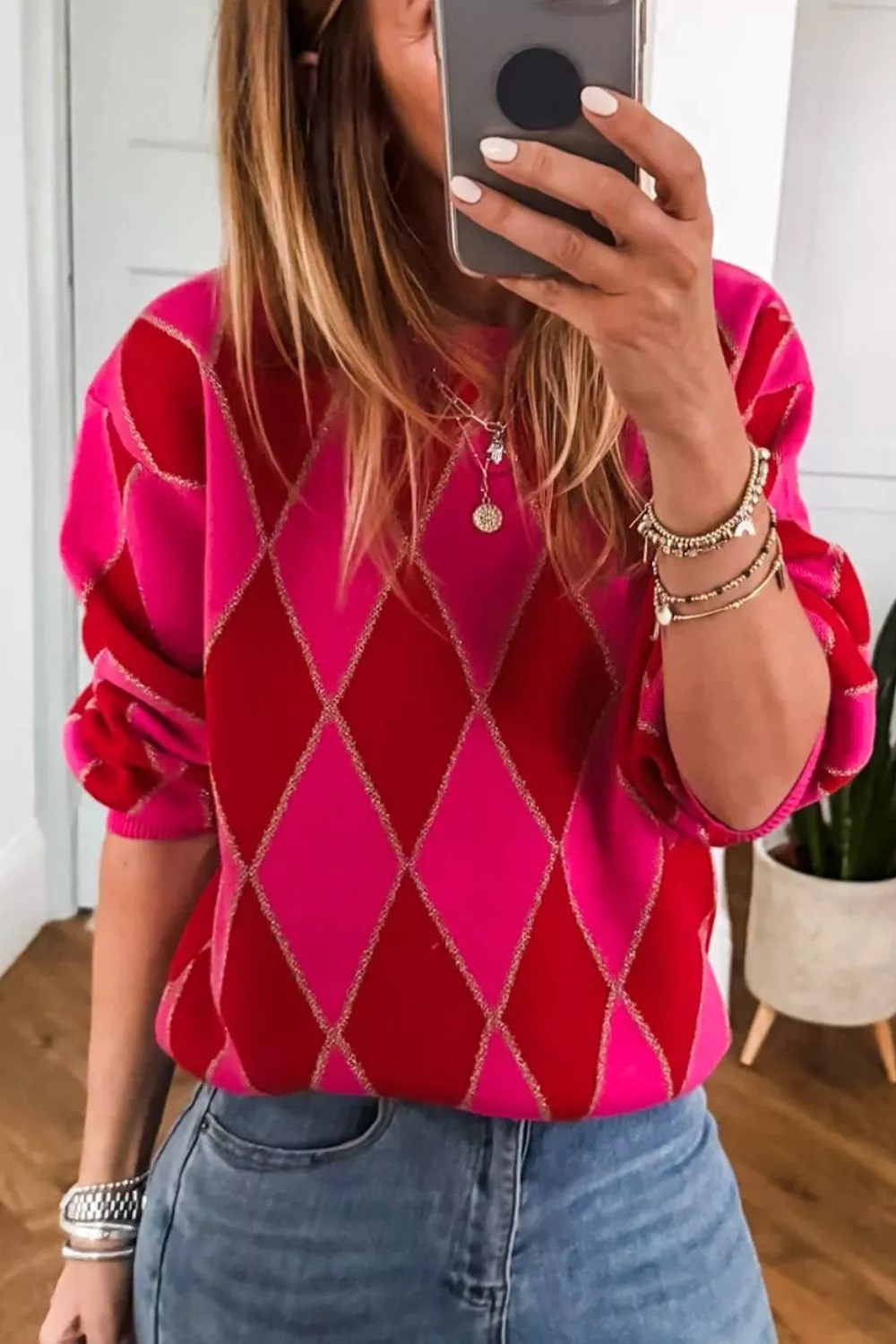 Argyle Pattern Long Sleeve Sweater, image 4
