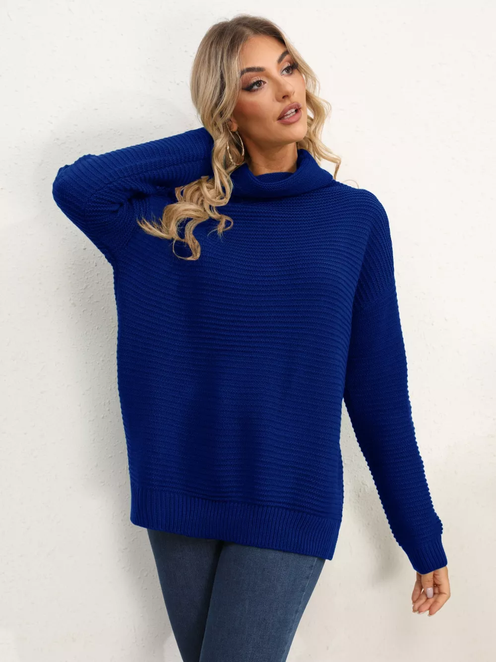Slit Turtleneck Dropped Shoulder Sweater, image 30