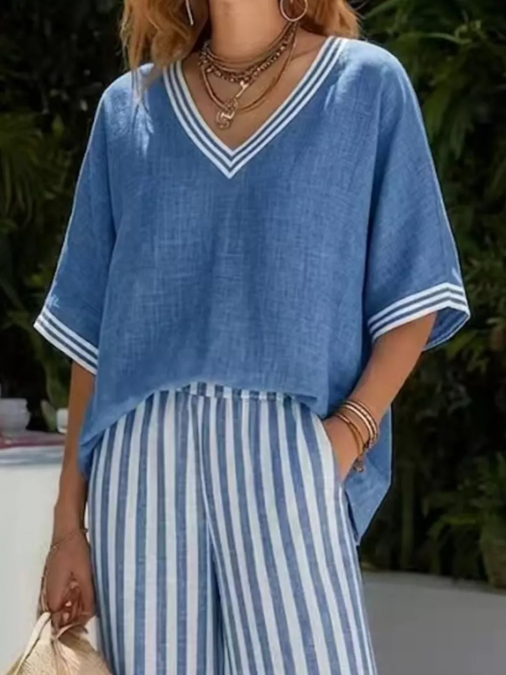 Full Size Striped V-Neck Top and Wide Leg Pants Set Plus Size, image 2