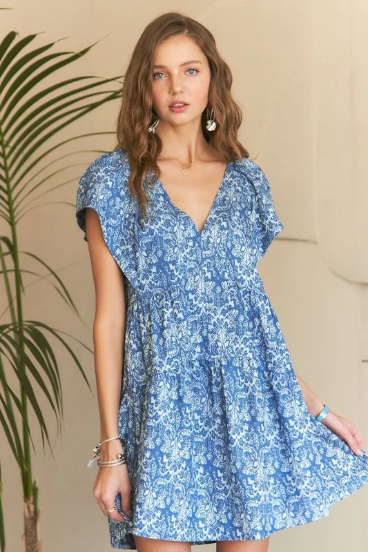 Printed V-Neck Ruffle Sleeve Mini Dress, image 2