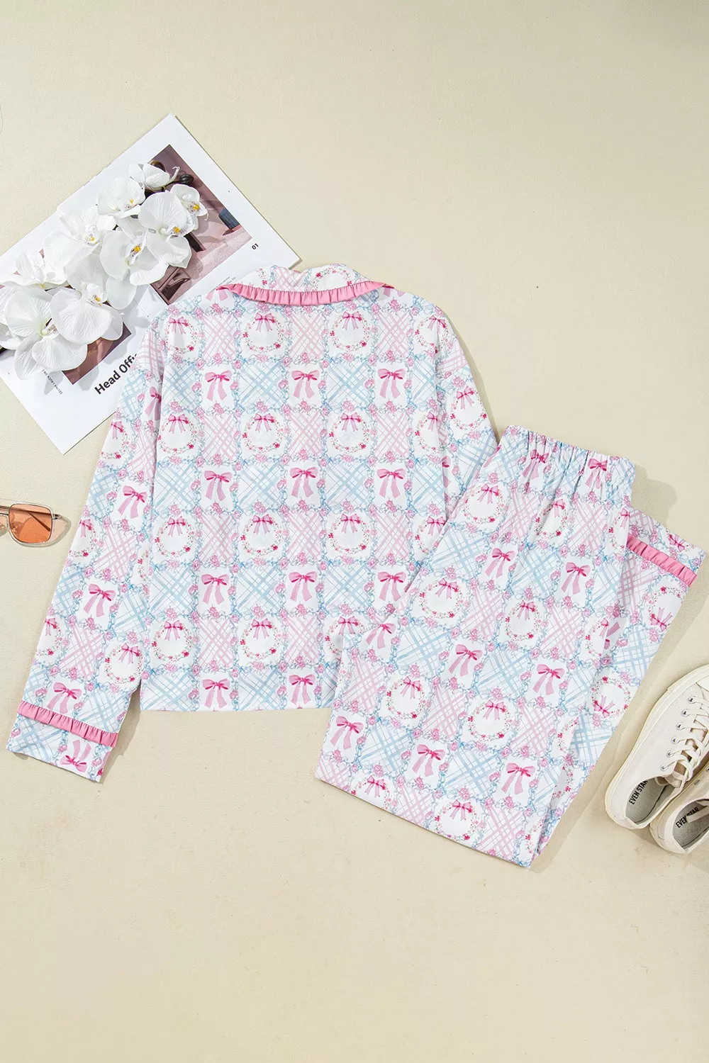 Wreath Pattern Christmas Tied Front Long Sleeve 2pcs Pajama Set, image 3