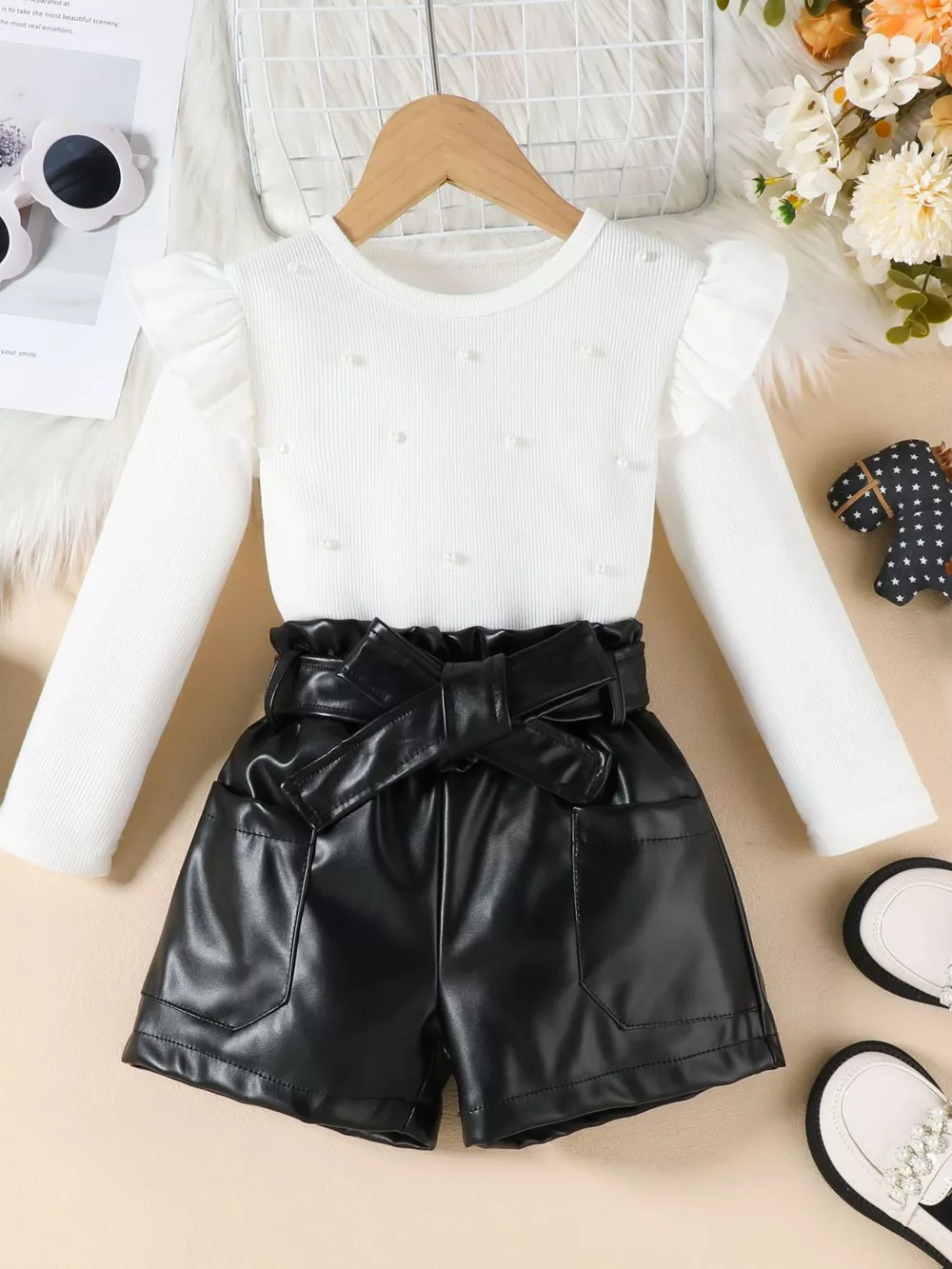 Children's Ruffled Pearl Embellished Top & Faux Leather Shorts Set with Belt, image 2