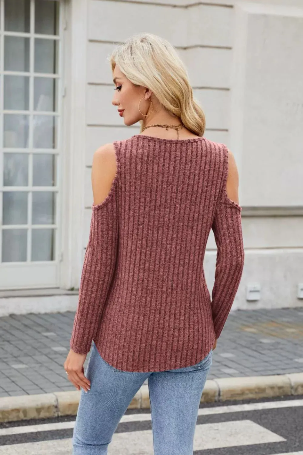 Ribbed Cold Shoulder Long Sleeve Top, image 21