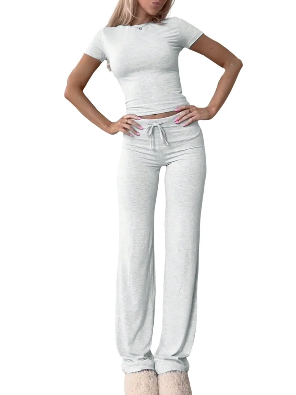 Round Neck Short Sleeve Top and Pants Set, image 11