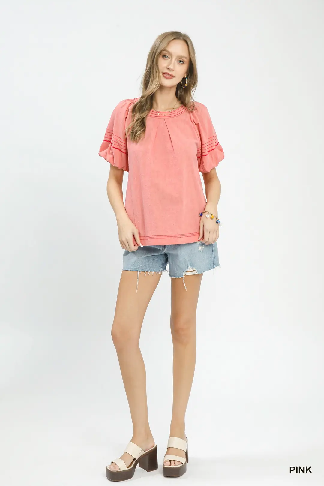 Round Neck Puff Sleeve Top with Contrast Stitch Detail, image 2