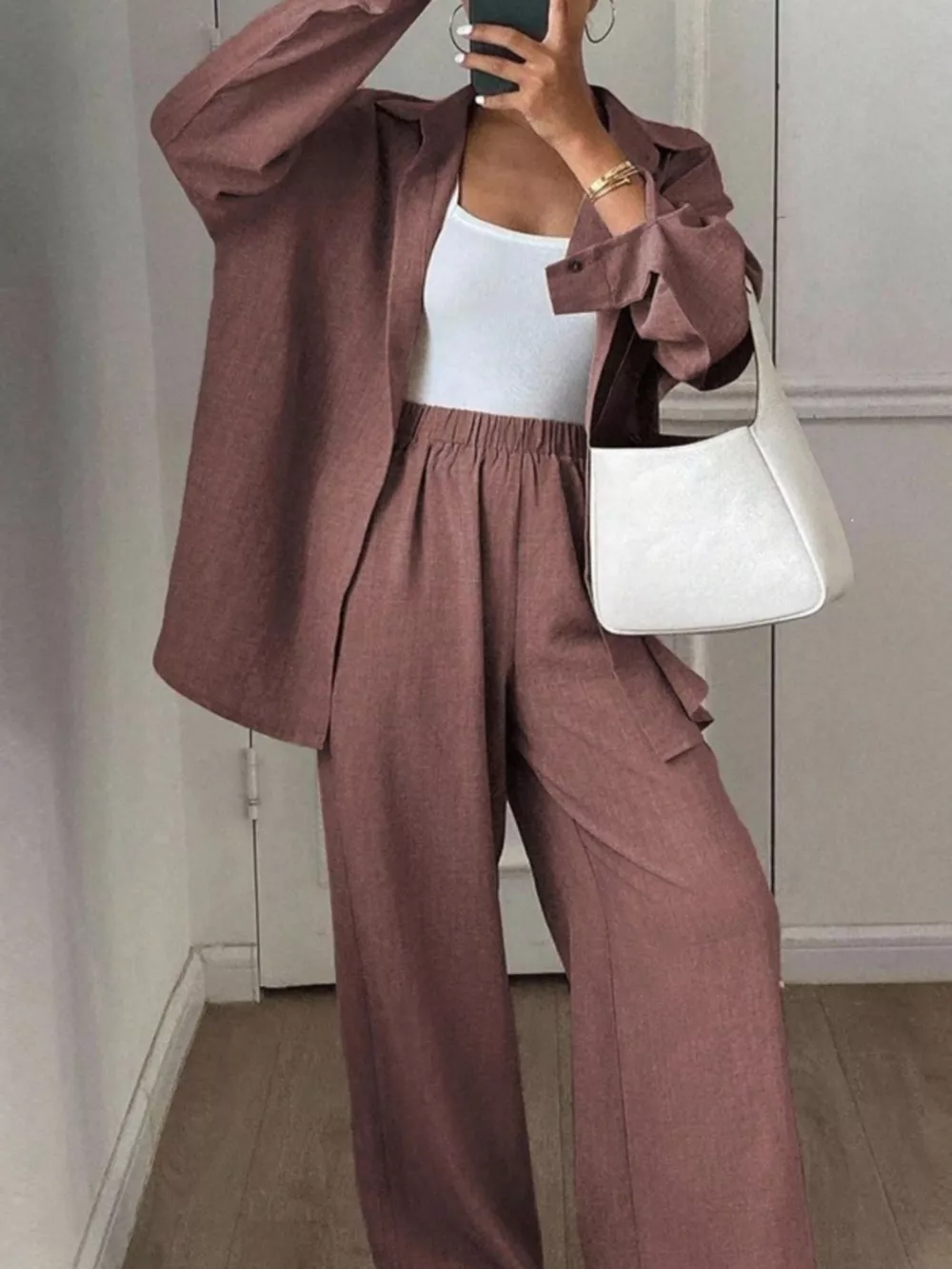 Button Up Long Sleeve Shirt and Wide Leg Pants Set, image 8