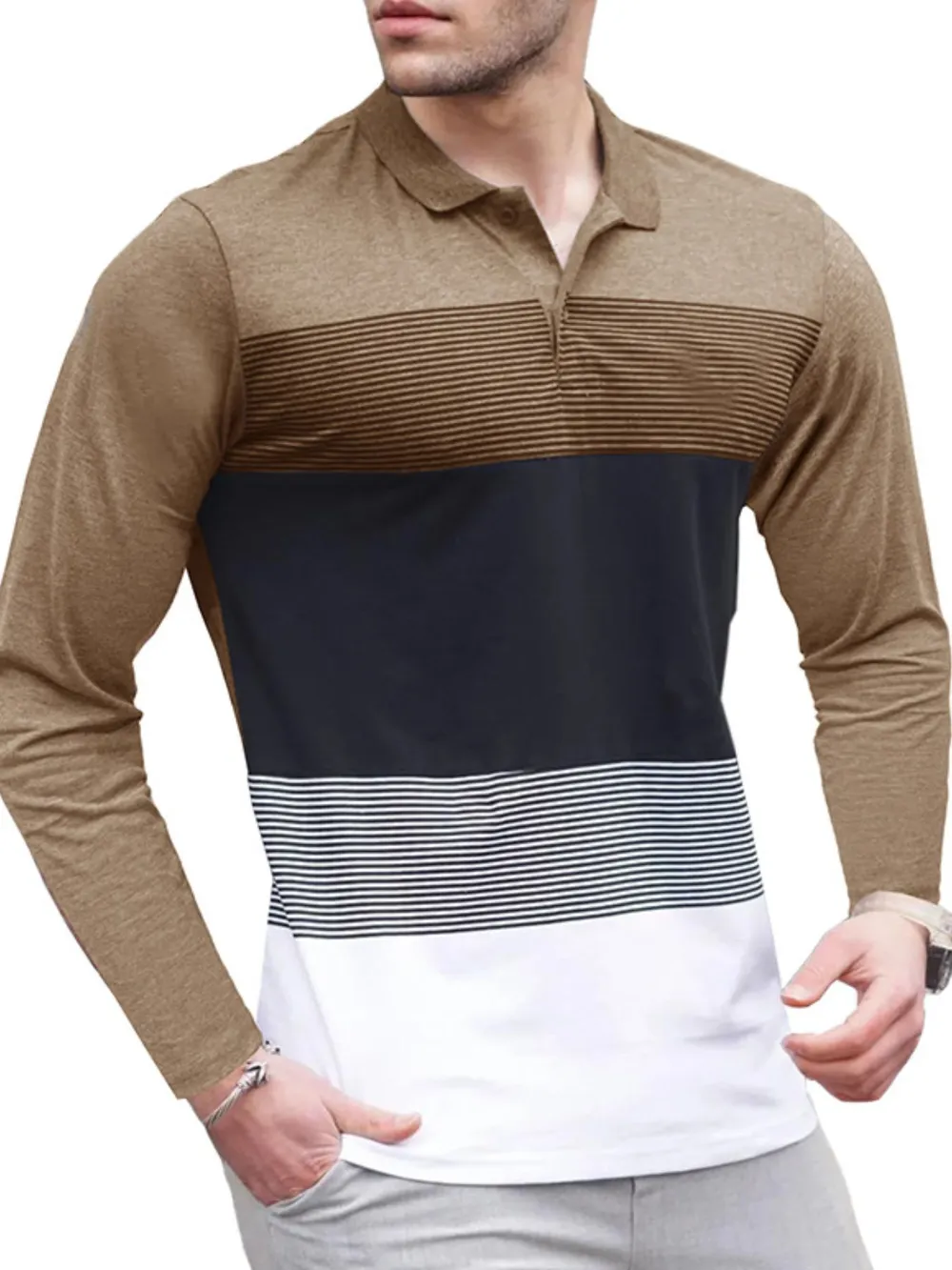 Men's Color Block Striped Long Sleeve Polo Shirt, image 6