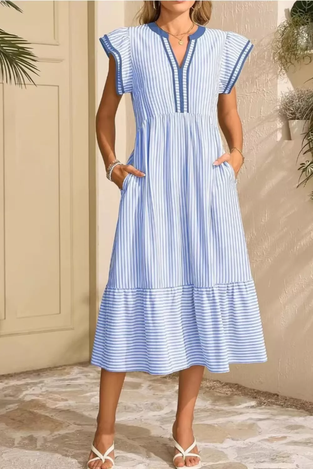 Striped Ruffle Sleeve Midi Dress, image 10