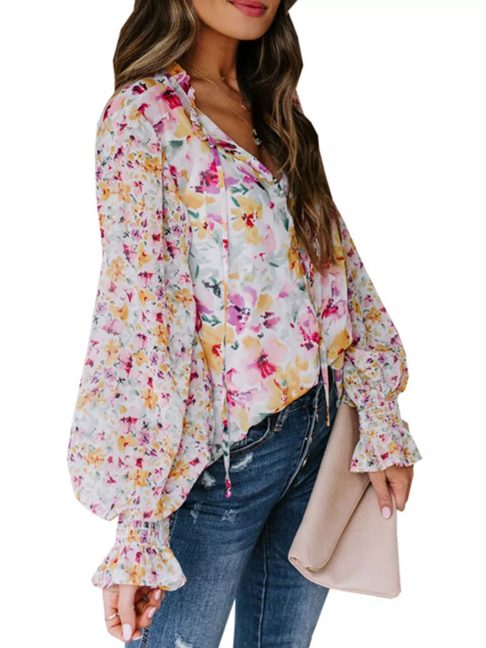 Full Size Floral Print Smocked Cuff Blouse Plus Size, image 3