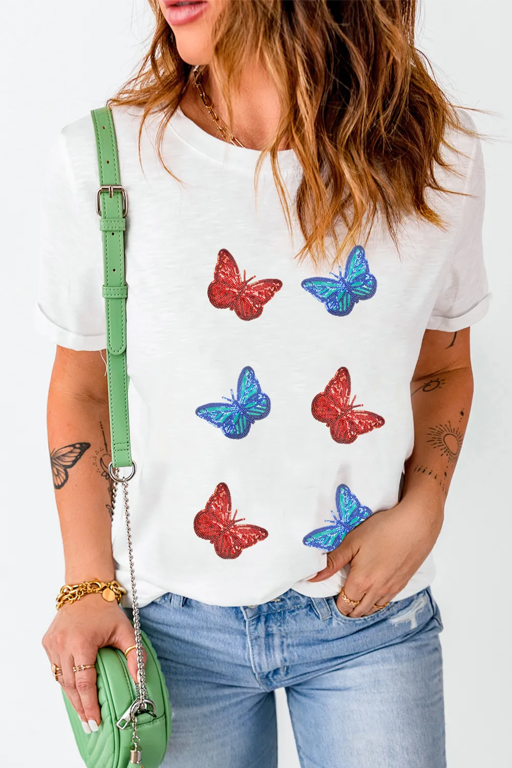 Sequin Butterfly Round Neck Short Sleeve T-Shirt, image 2