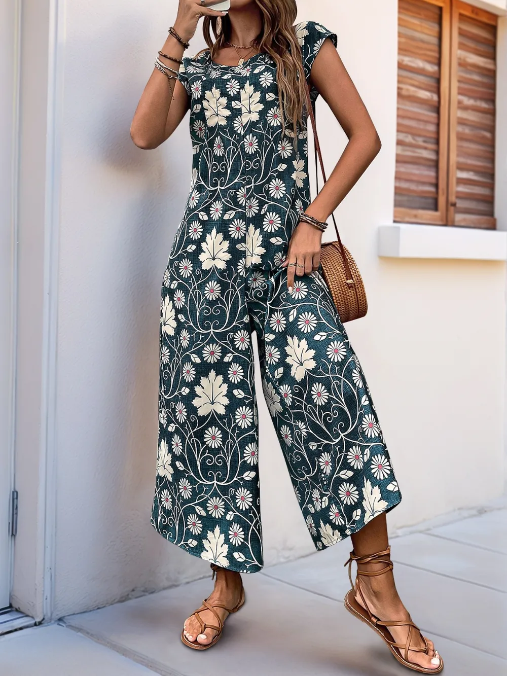 Printed Round Neck Cap Sleeve Wide Leg Jumpsuit, image 7