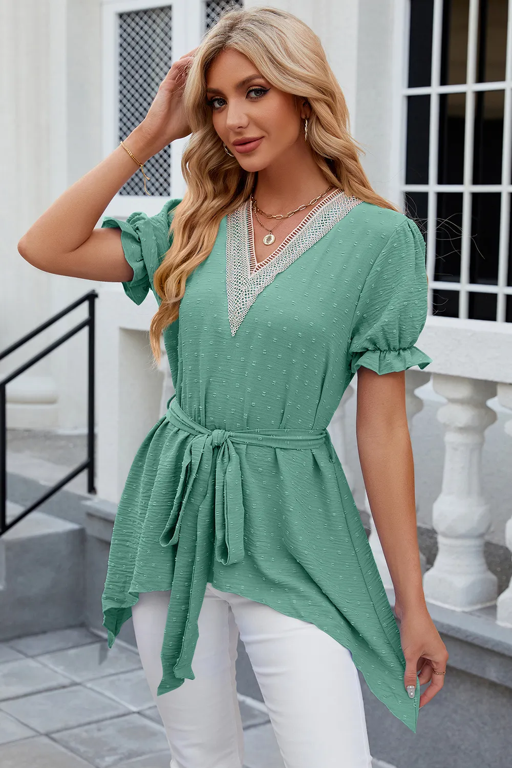 Swiss Dot Tie Waist Flounce Sleeve Blouse, image 14