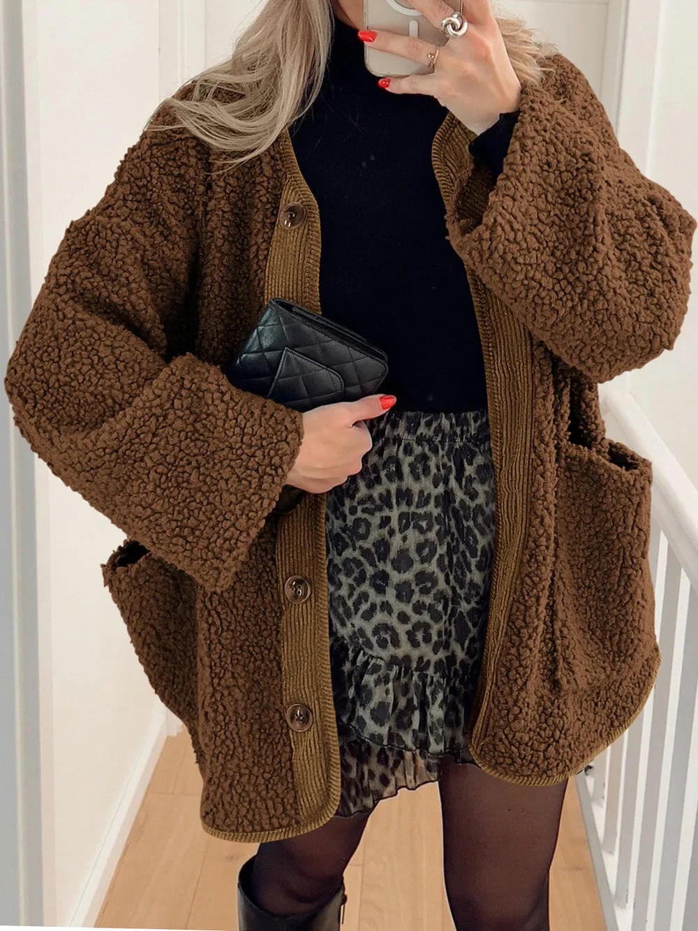 Contrast Button Up Sherpa Jacket with Pockets, image 13