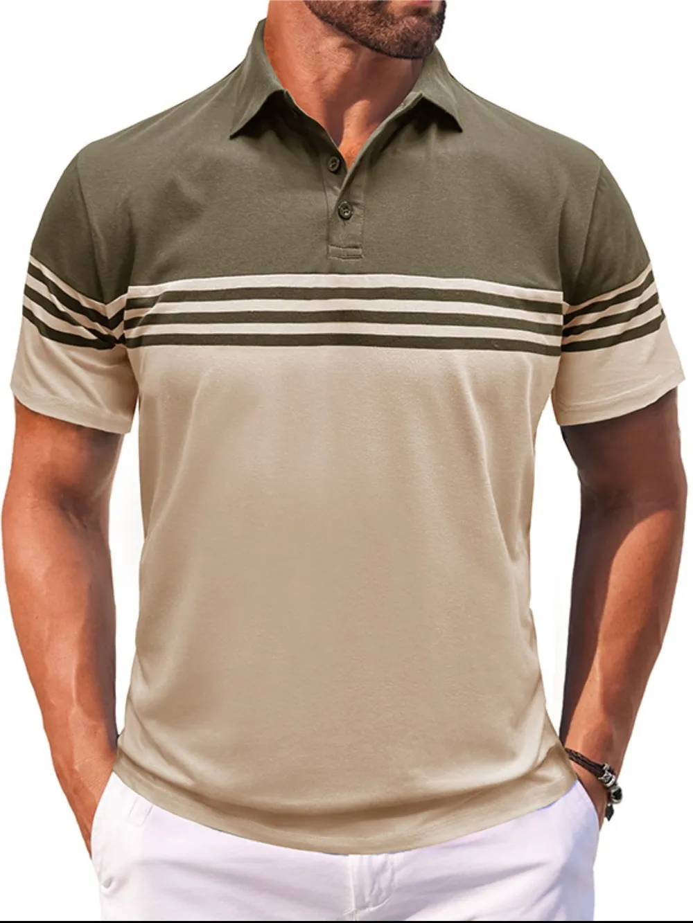 Men's Full Size Color Block Striped Polo Shirt Plus Size