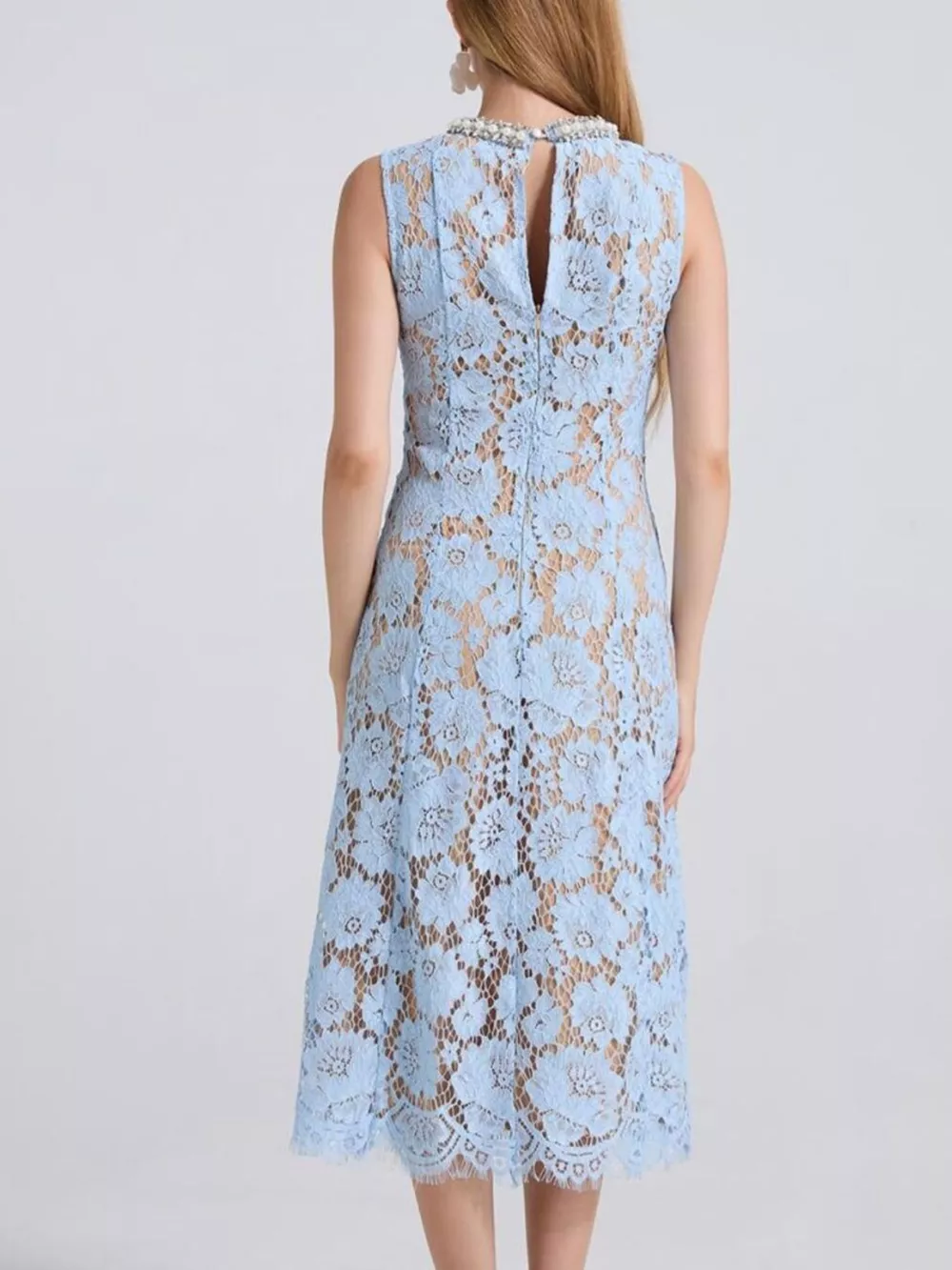 Pearl Neckline Sleeveless Lace Dress, image 10