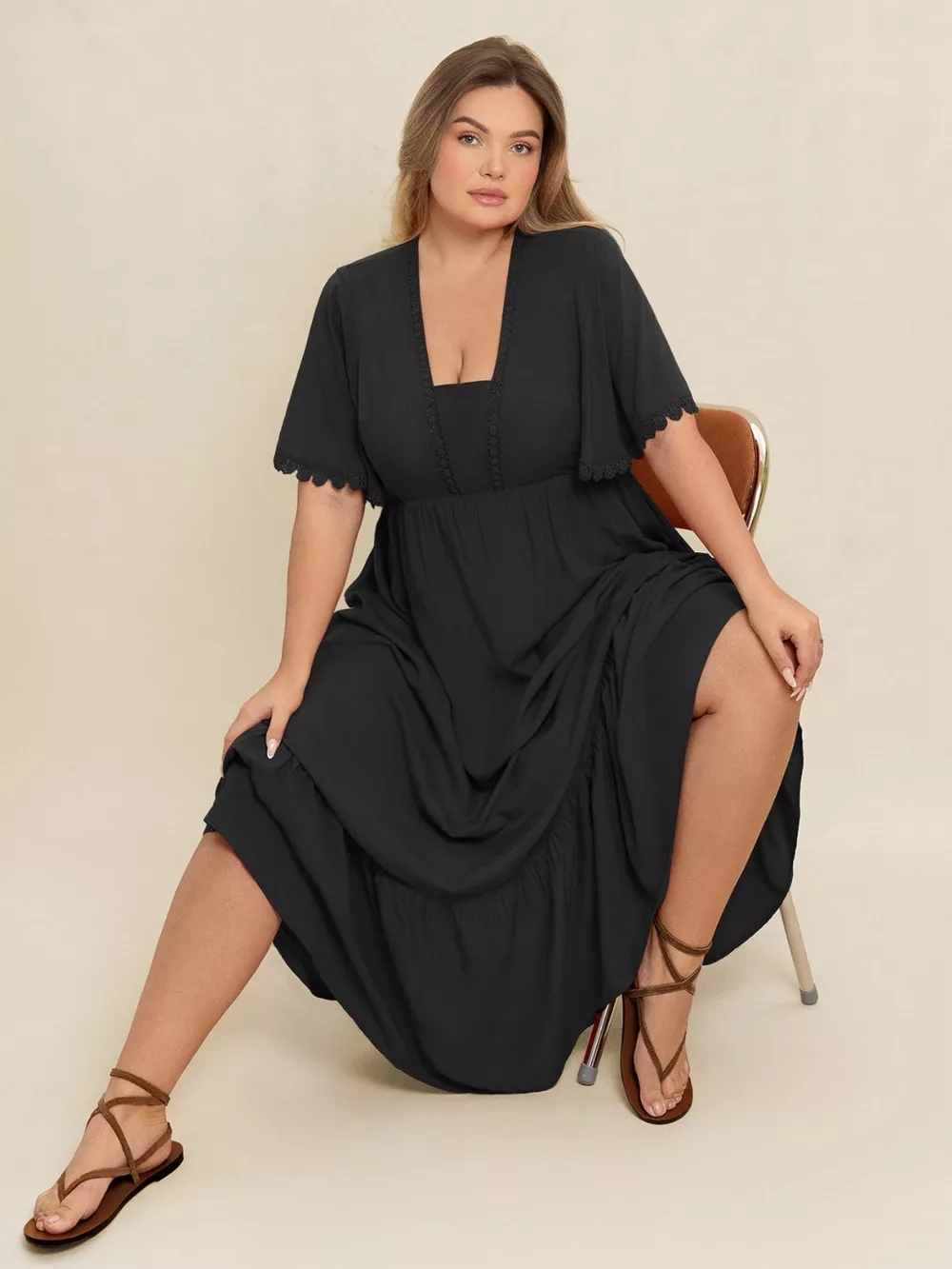 Plus Size Boho Ruffled Maxi Dress with Flutter Sleeves, image 5