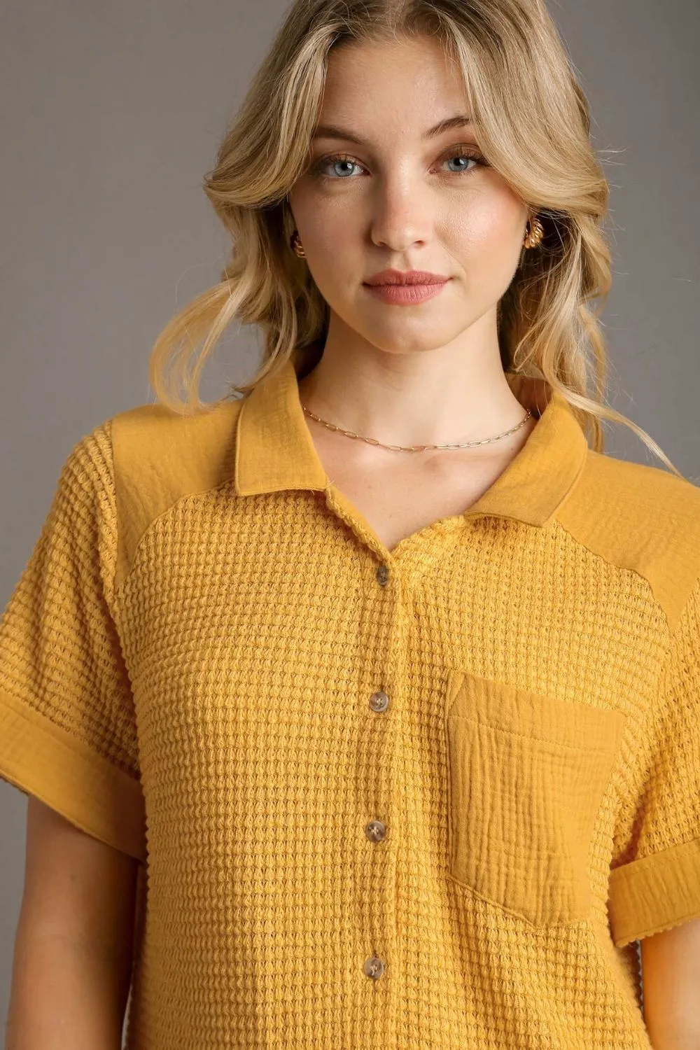 Full Size Waffle-Knit Short Sleeve Button Down Shirt Plus Size, image 2