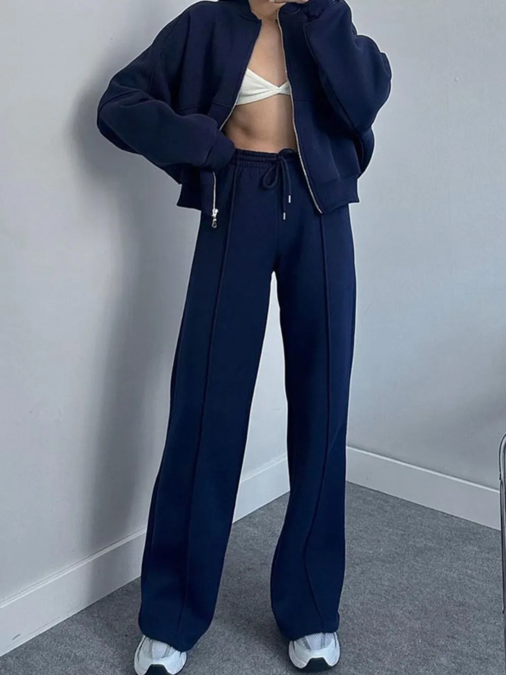 Baseball Collar Zip Up Top and Drawstring Paants Set, image 26