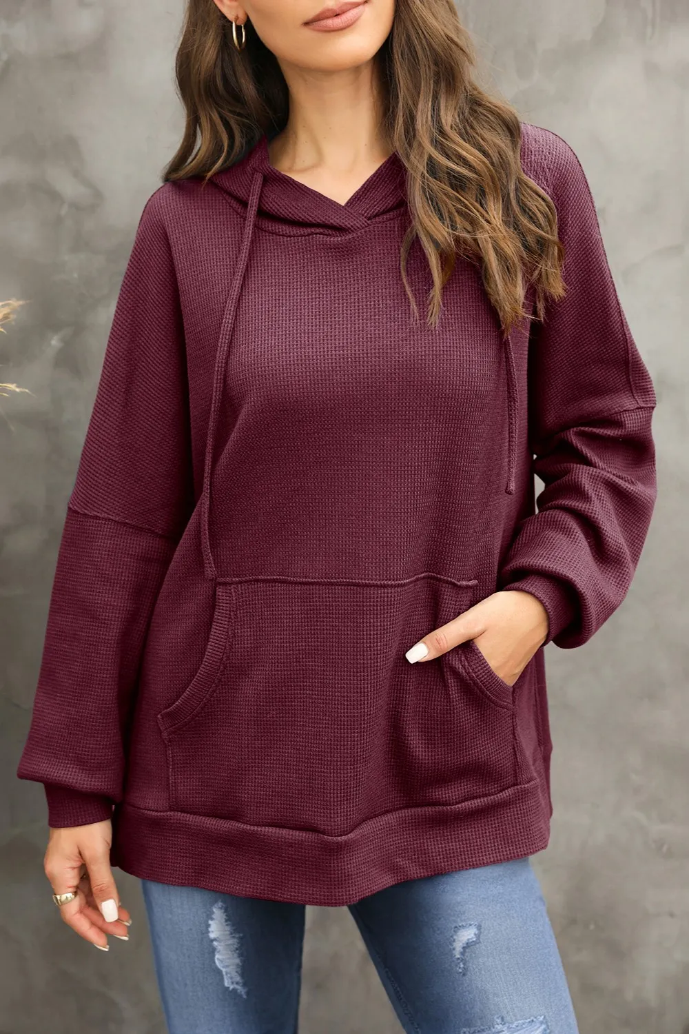 Waffle-Knit Long Sleeve Hoodie, image 11